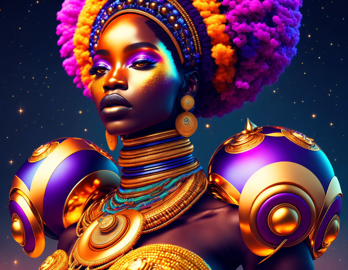 Colorful digital portrait of woman with glowing skin and gold jewelry, surrounded by futuristic golden orbs.