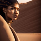 Woman with Braided Hair and Striking Makeup in Desert Setting with Golden Neckpiece