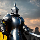 Detailed close-up of two medieval knights in ornate armor under golden light