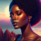 Stylized woman illustration with golden earrings in desert scene