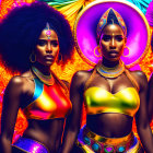 Four Women in Vibrant Carnival Costumes with Elaborate Headpieces