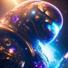 Armored astronaut in futuristic space suit gazes at cosmic scene