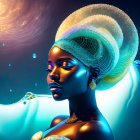 Cosmic-themed digital artwork of a woman with swirling galaxy hair and gold jewelry