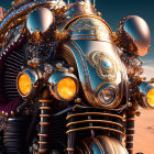 Detailed Steampunk Motorcycle with Dual Front Lights in Desert