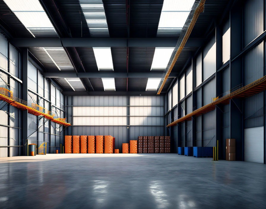 Spacious industrial warehouse with high ceilings and pallet racks