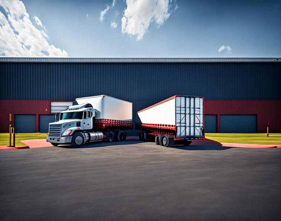 White cab semi-truck with twin trailer parked at red warehouse under blue sky