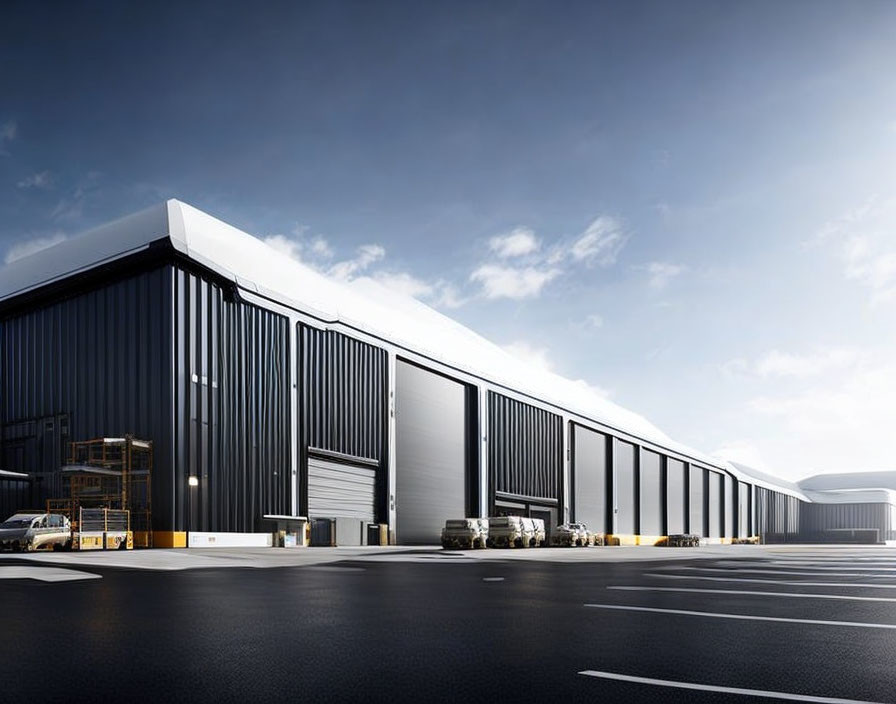 Spacious modern warehouse with loading docks and empty parking lot