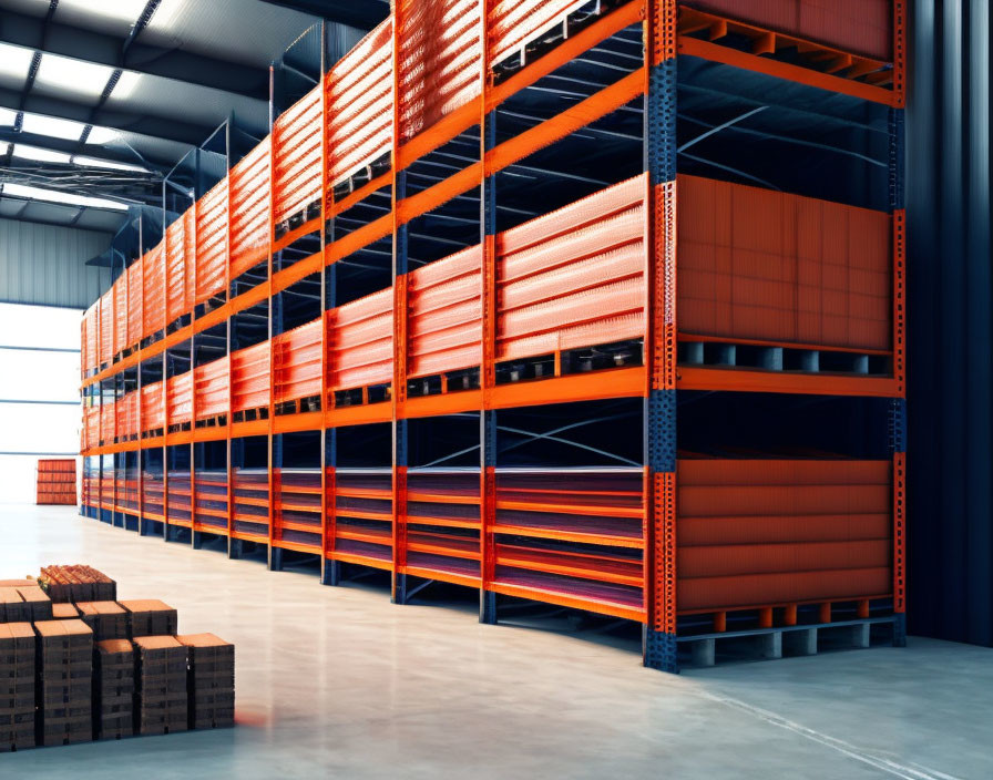 Warehouse interior with tall orange shelving and cardboard boxes under blue light