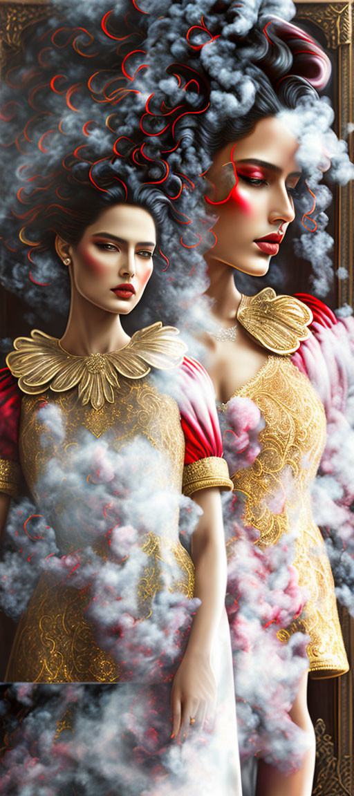 Stylized women with elaborate hairstyles and golden shoulder armor in fantastical art style.