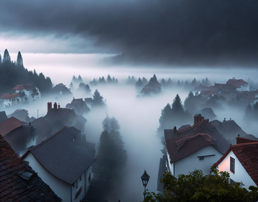 Misty twilight scene of quaint village with silhouetted houses and trees