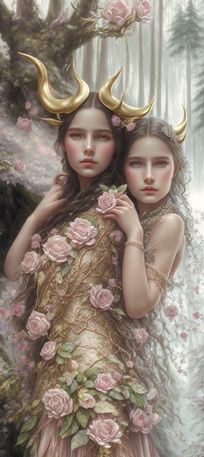 Ethereal women with golden antlers in misty forest.