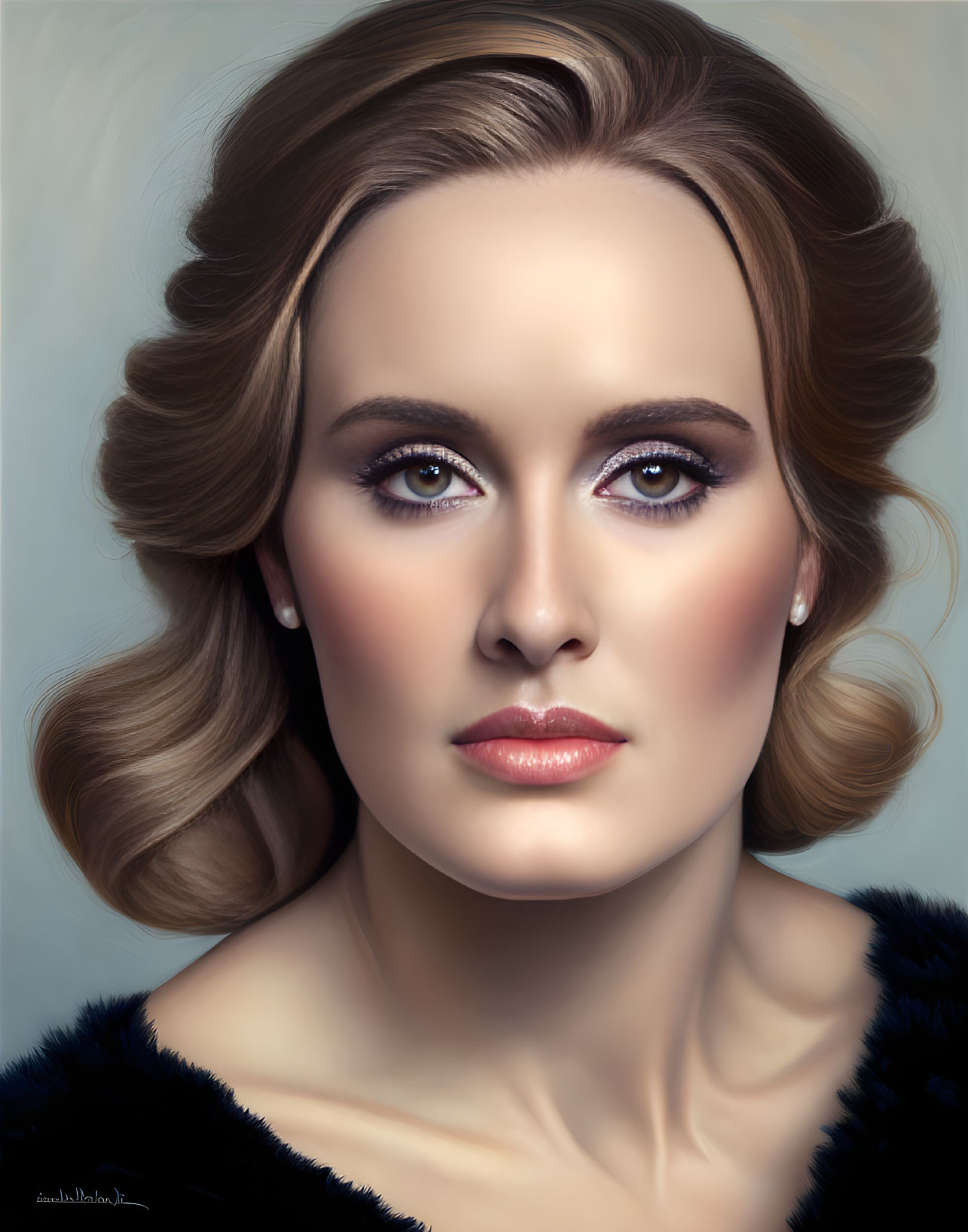 Digital portrait of woman with wavy hair, distinct makeup, and striking brown eyes.