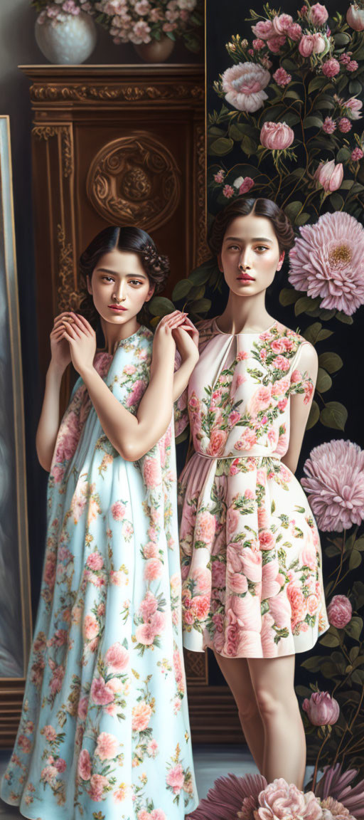 Two women in floral dresses by mirror with peonies - ornate frame in background