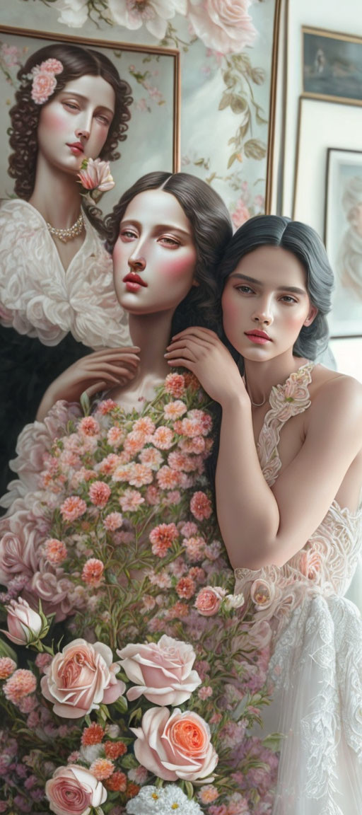 Elegant Women with Floral Elements in Ethereal Setting