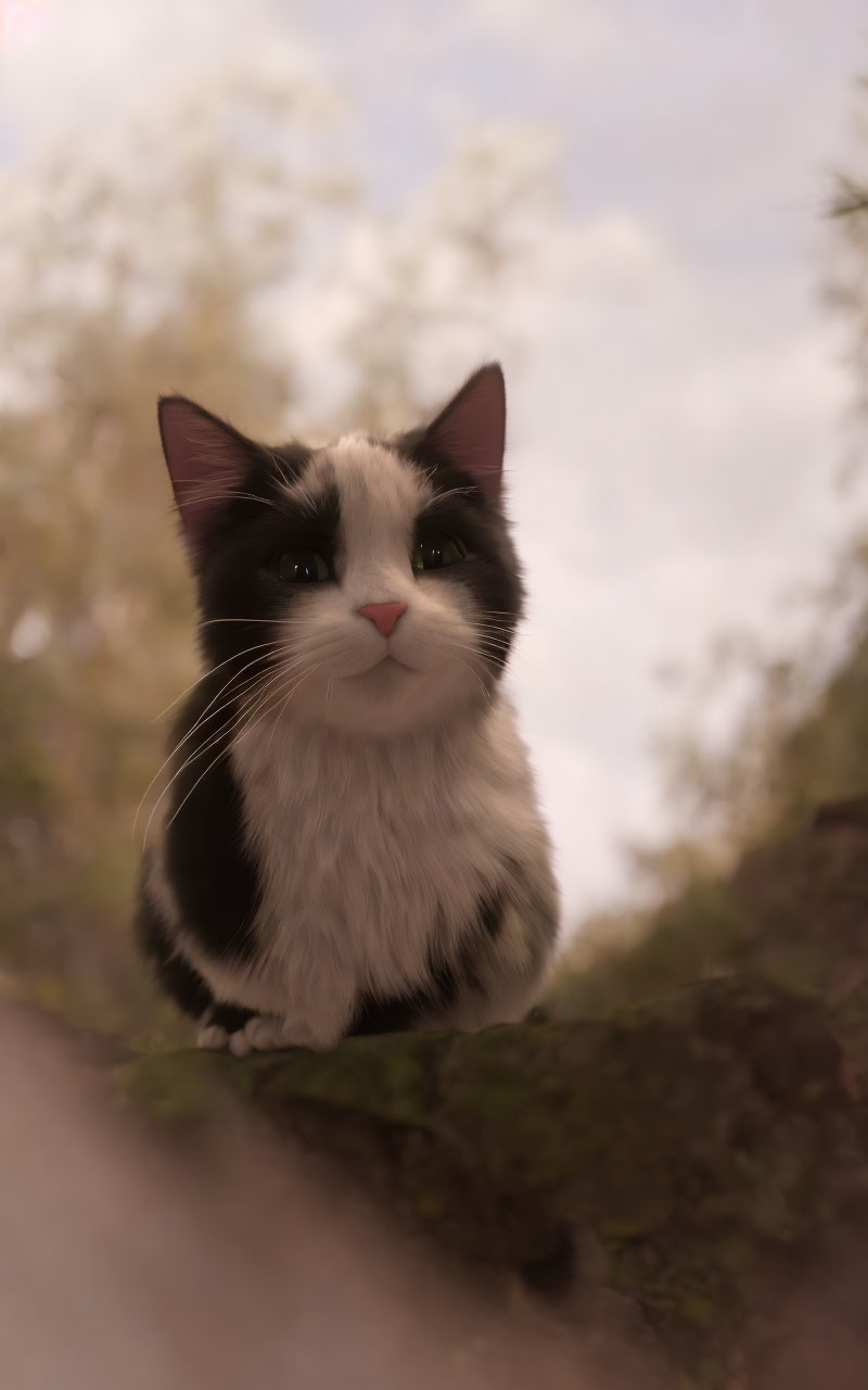 Black and White Cat Sitting on Ledge with Dreamy Background