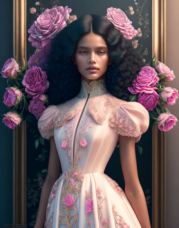 Woman with wavy hair in floral dress framed by roses and gilded background