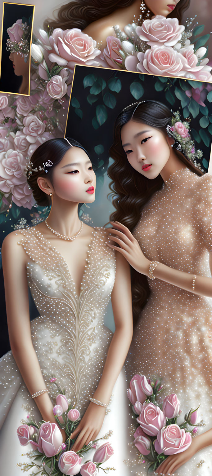 Two Women in Elegant Pearl-Embellished Dresses with Bouquet of Pink Roses