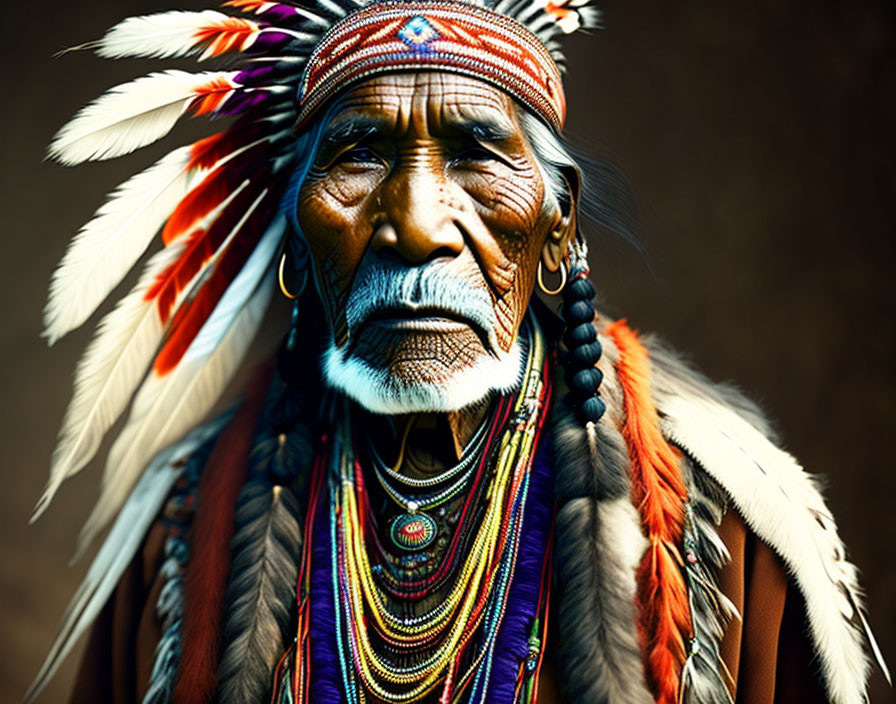 Elderly Person in Traditional Feather Headdress and Face Paint