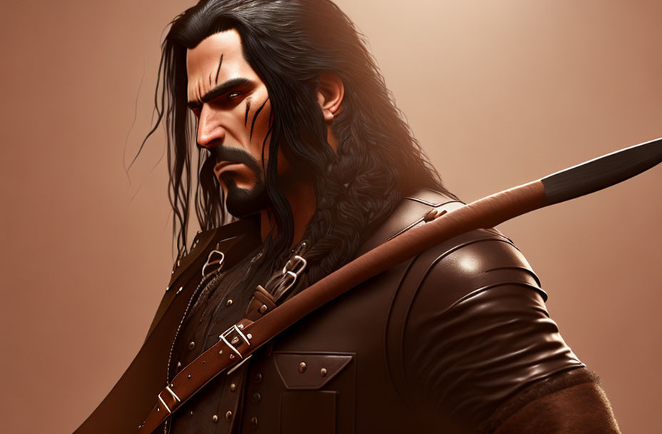 Animated character with long black hair, braided beard, scar, leather armor, and quiver