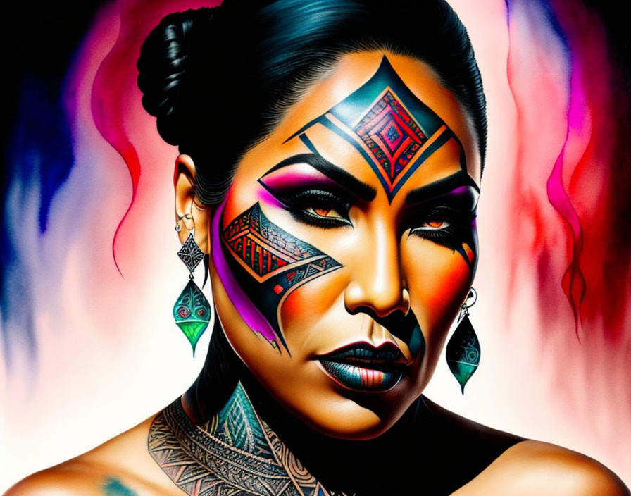 Colorful digital portrait of a woman with geometric face paint and tribal tattoos