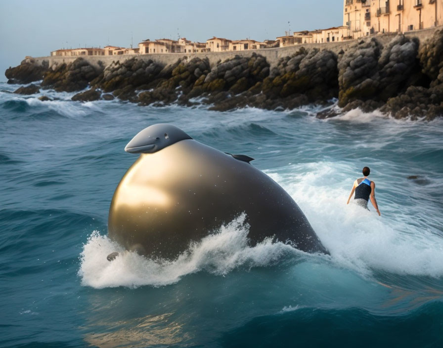 Surfer riding wave next to whale sculpture on rocky coastline