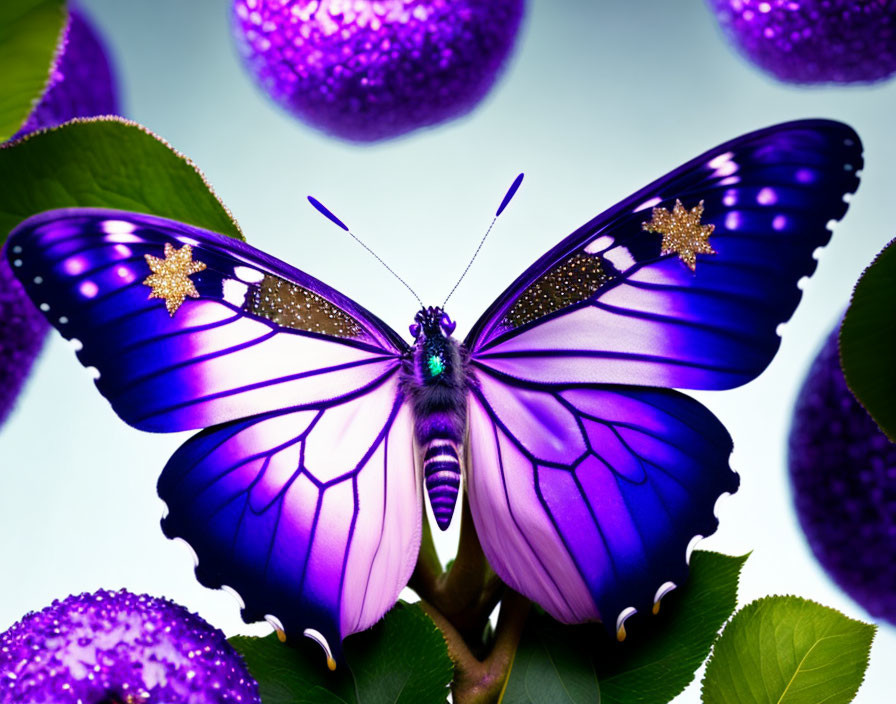 Colorful Butterfly with Golden Spots on Green Leaf Surrounded by Glitter Spheres