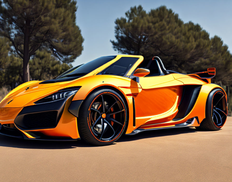 Sleek aerodynamic orange sports car with black accents parked outdoors