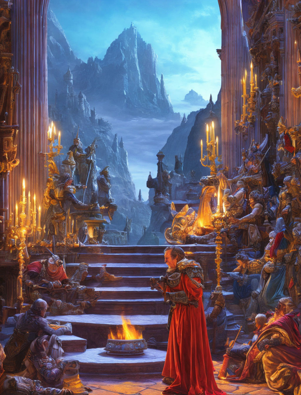 Luxurious fantasy hall with pillars, central fire, regal figures, and mountainous backdrop.