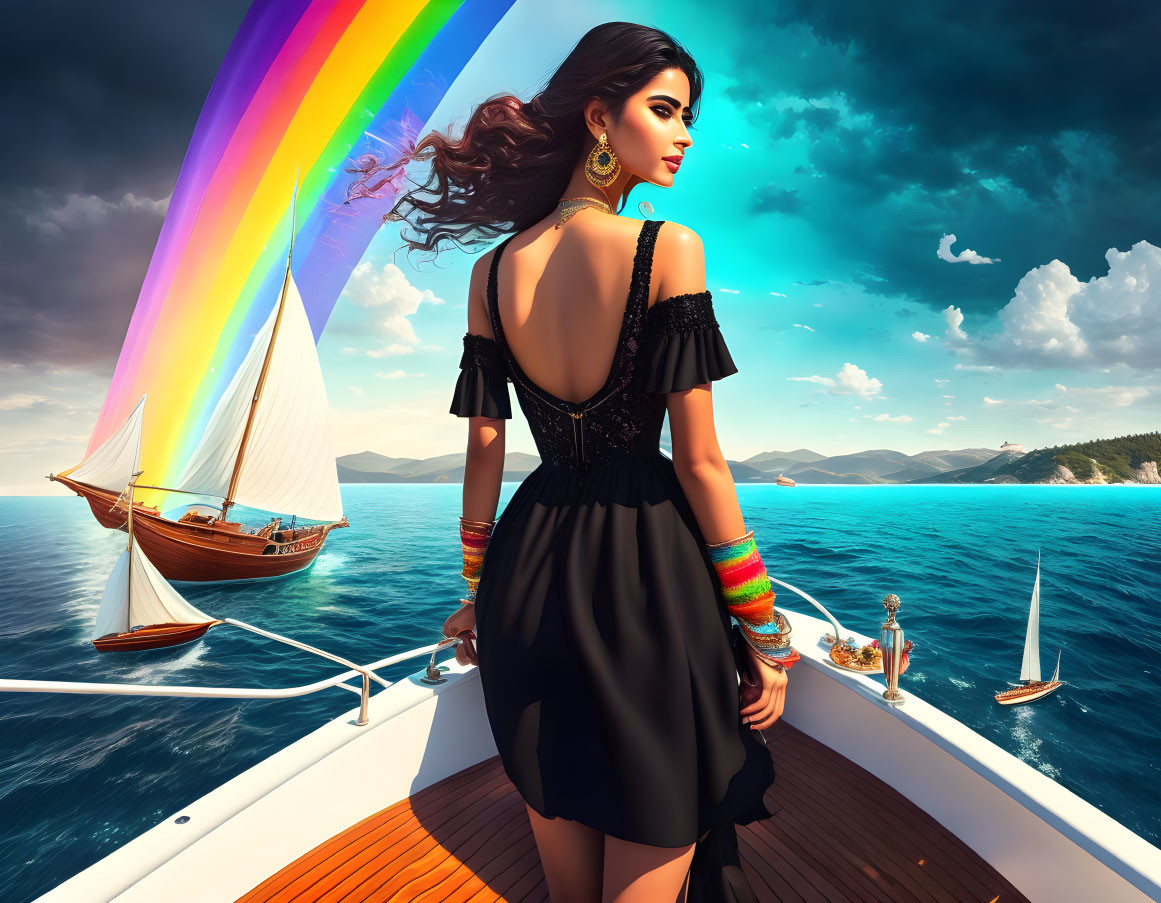 Woman in black dress on yacht admiring vibrant rainbow over blue ocean