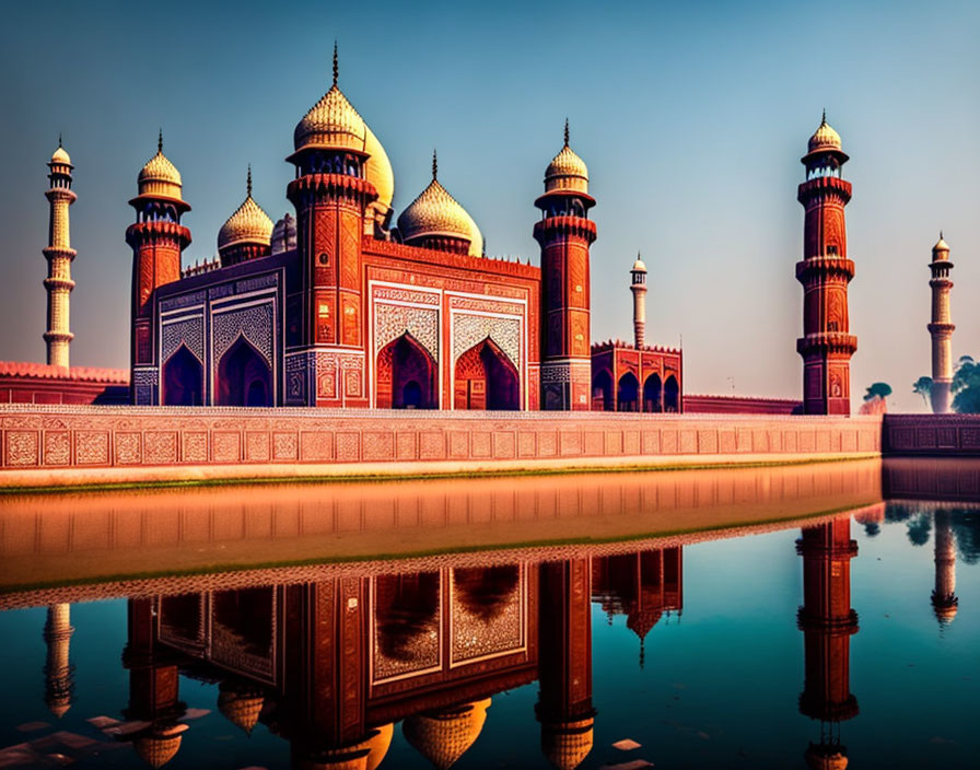 Red Sandstone Mosque with White Marble Inlay, Domes, and Minarets at Sunset