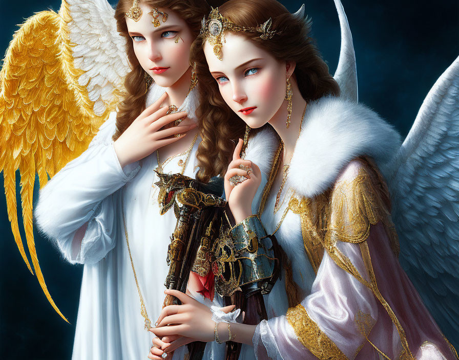 Ethereal women with angelic wings in medieval attire on dark background