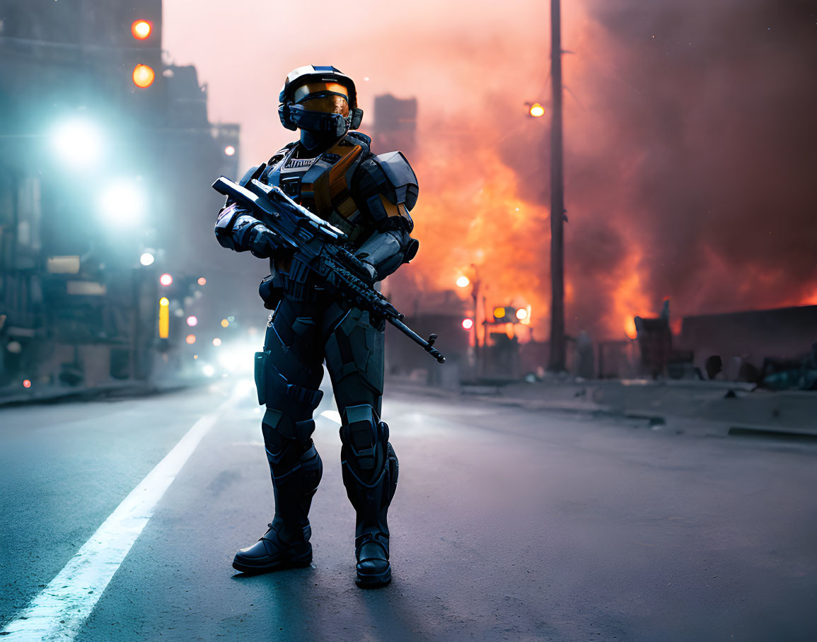 Futuristic soldier in advanced armor with rifle on city street amid smoke and explosions