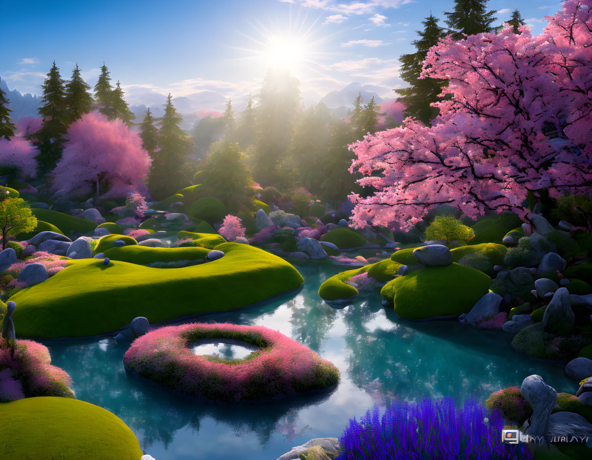 Tranquil landscape with river, moss, cherry blossoms, and sun rays