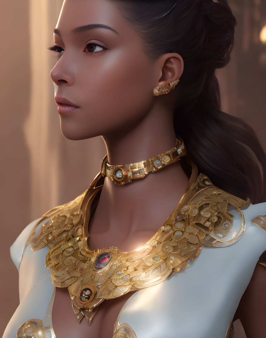 Elegant woman with updo and golden jewelry portrait