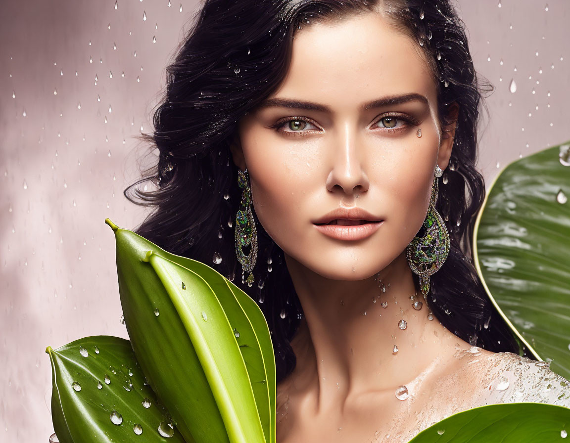 Striking Woman with Wet Skin Surrounded by Green Leaves and Water Droplets