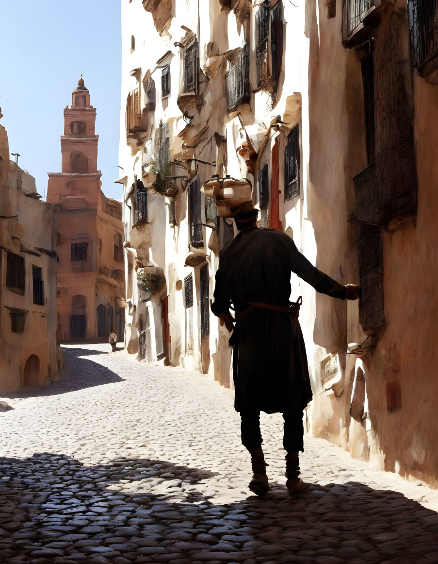 Medieval person in cobblestone alley with historic buildings