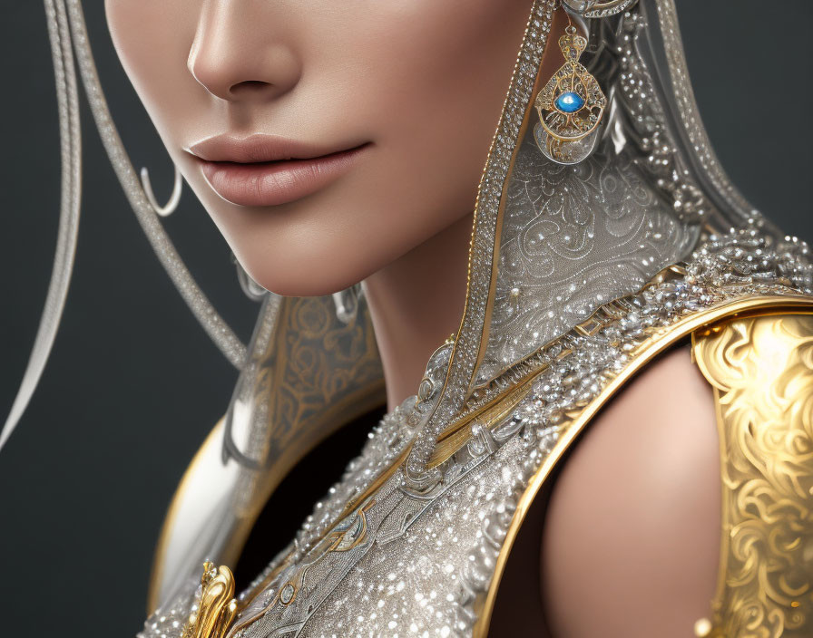 Detailed Close-Up of Person in Elegant Golden Jewelry and Sapphire Earring