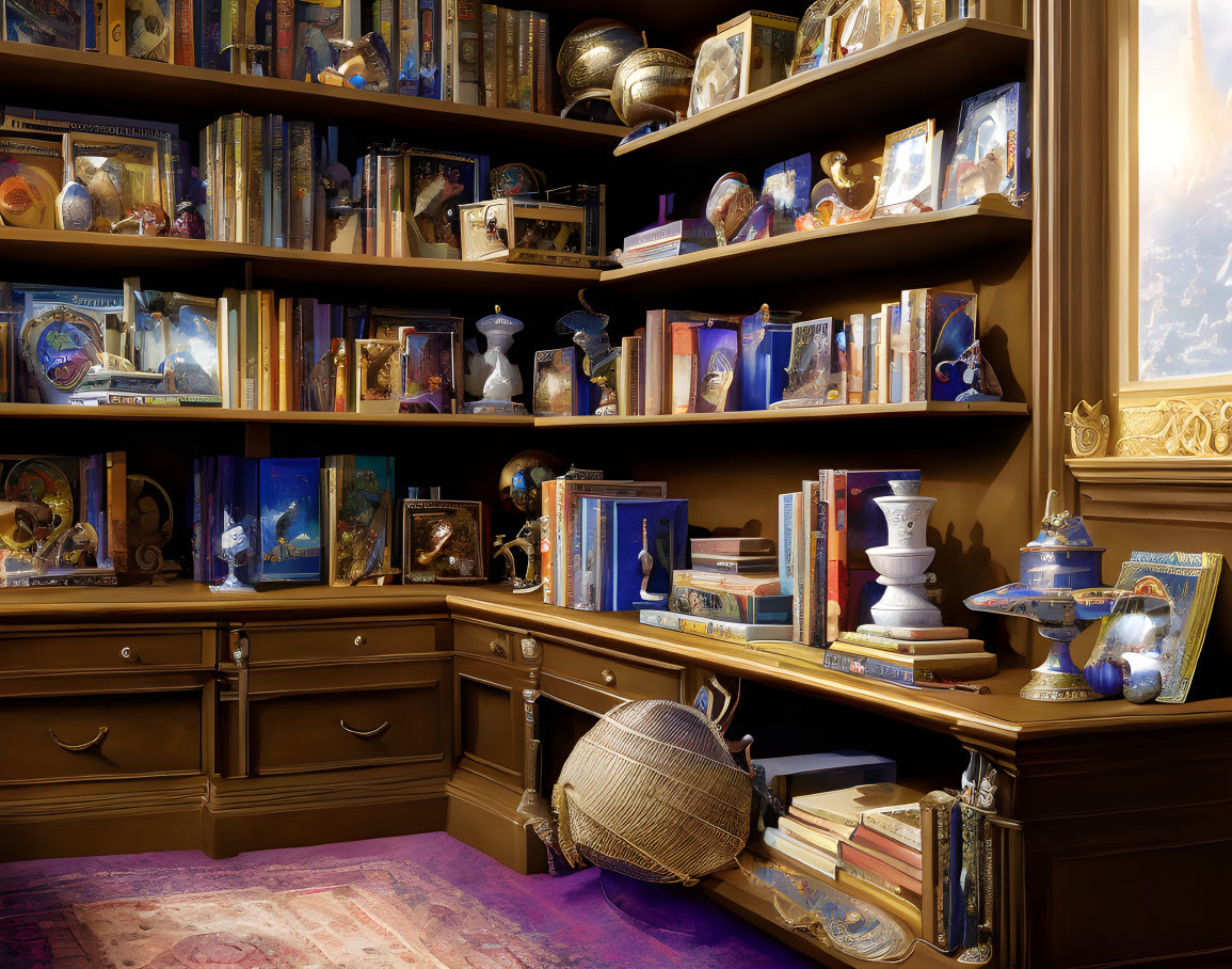 Dimly lit elegant library with wooden shelves and globe