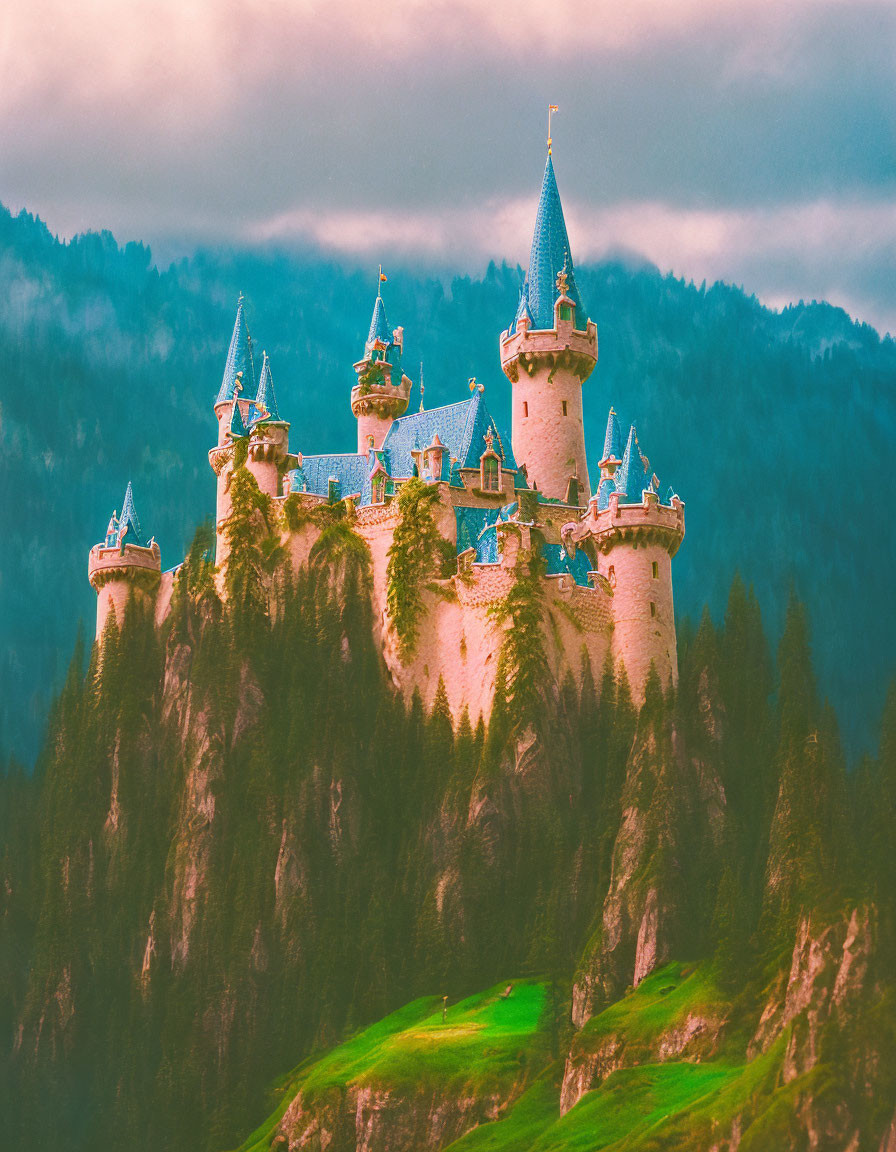 Castle on forested hill with spires against colorful sky