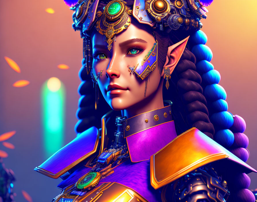 Digital artwork: Elf character in ornate gold and purple armor on multicolored background