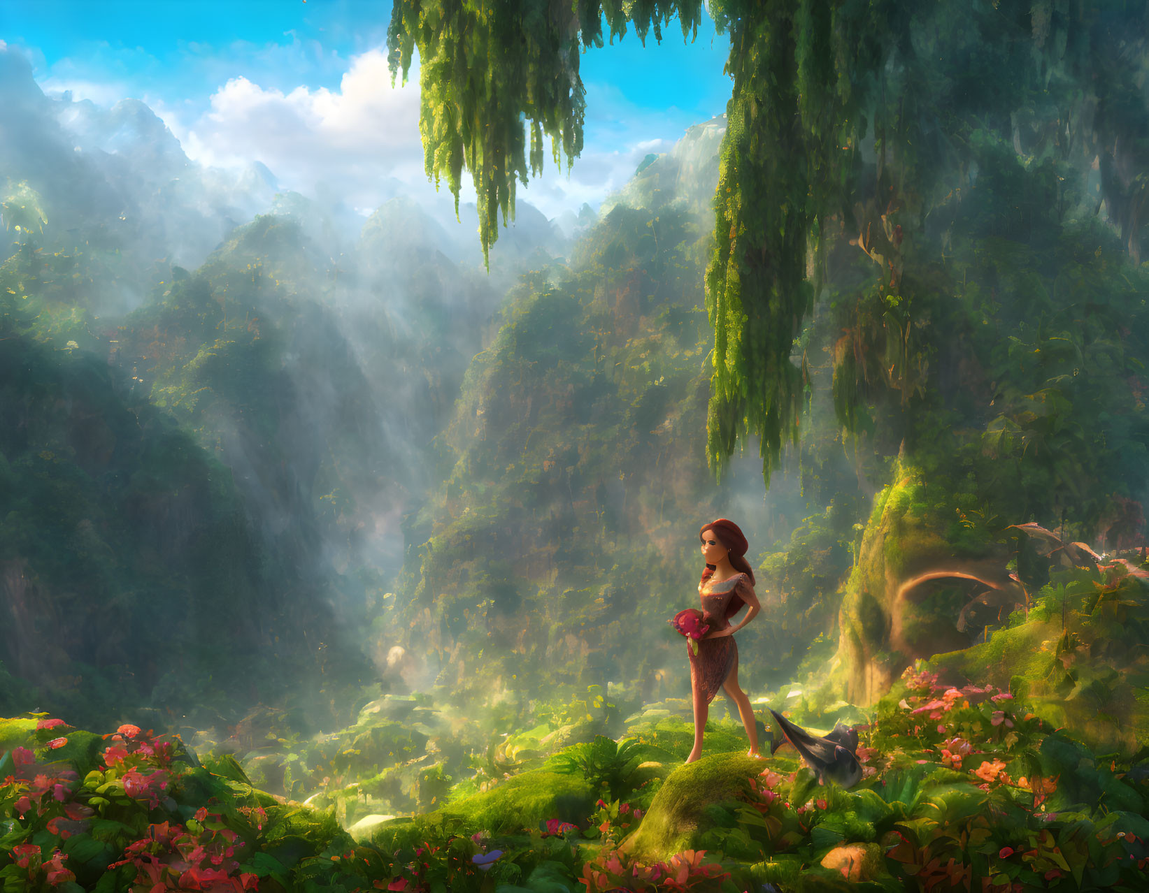 Animated young woman and raccoon on lush cliff overlooking sunlit valley