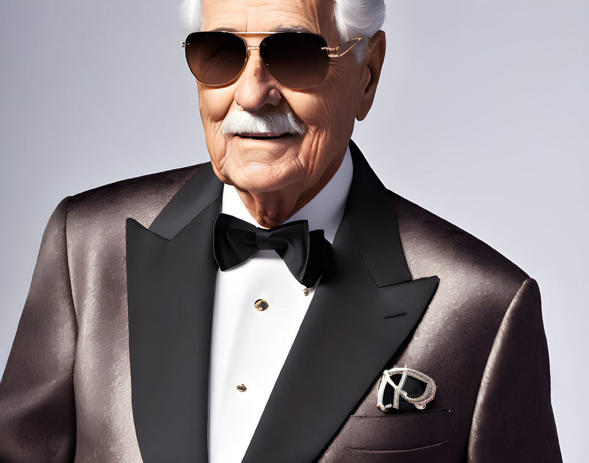 Elderly man in tuxedo with white hair, mustache, glasses