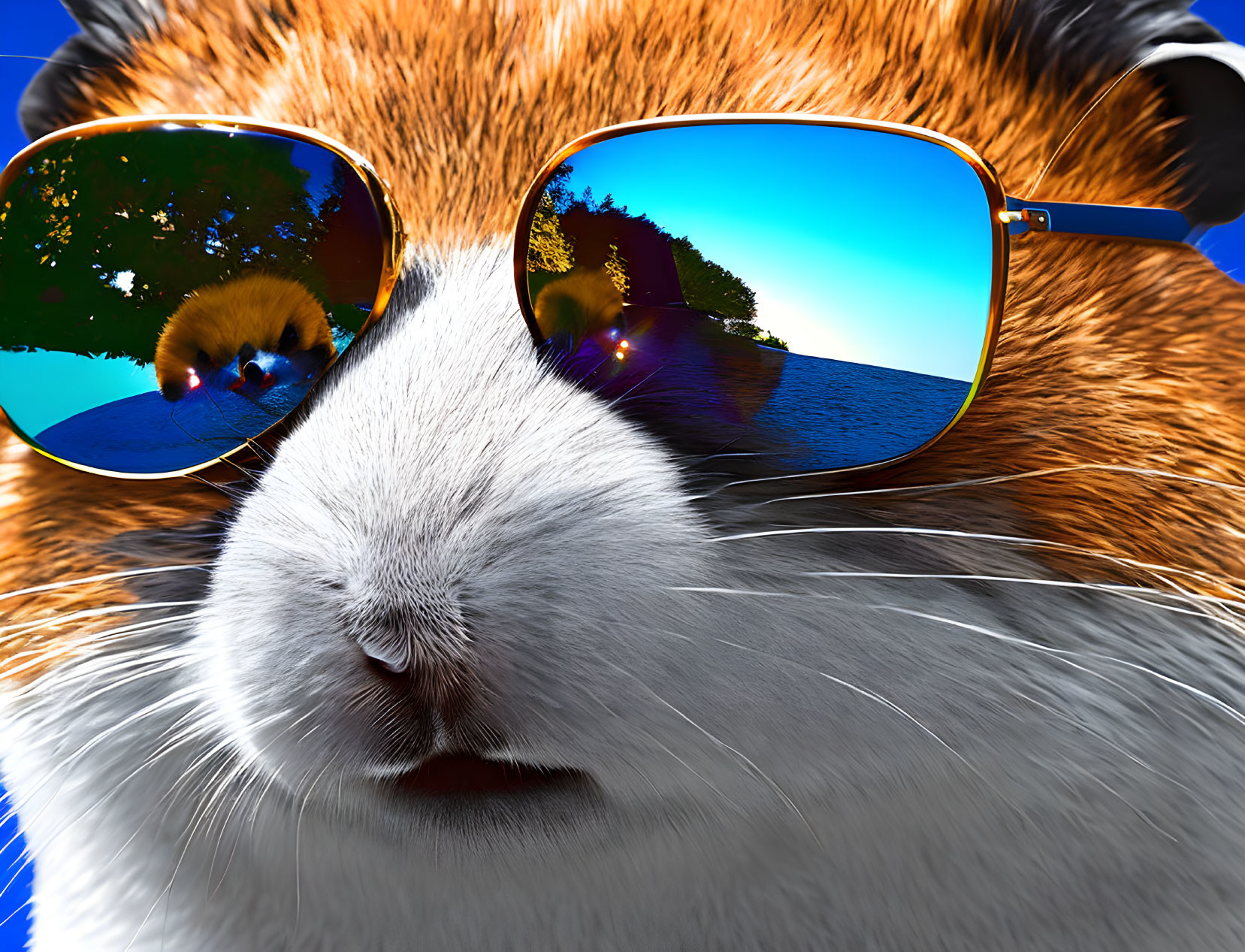 Guinea pig with sunglasses reflecting sunny landscape