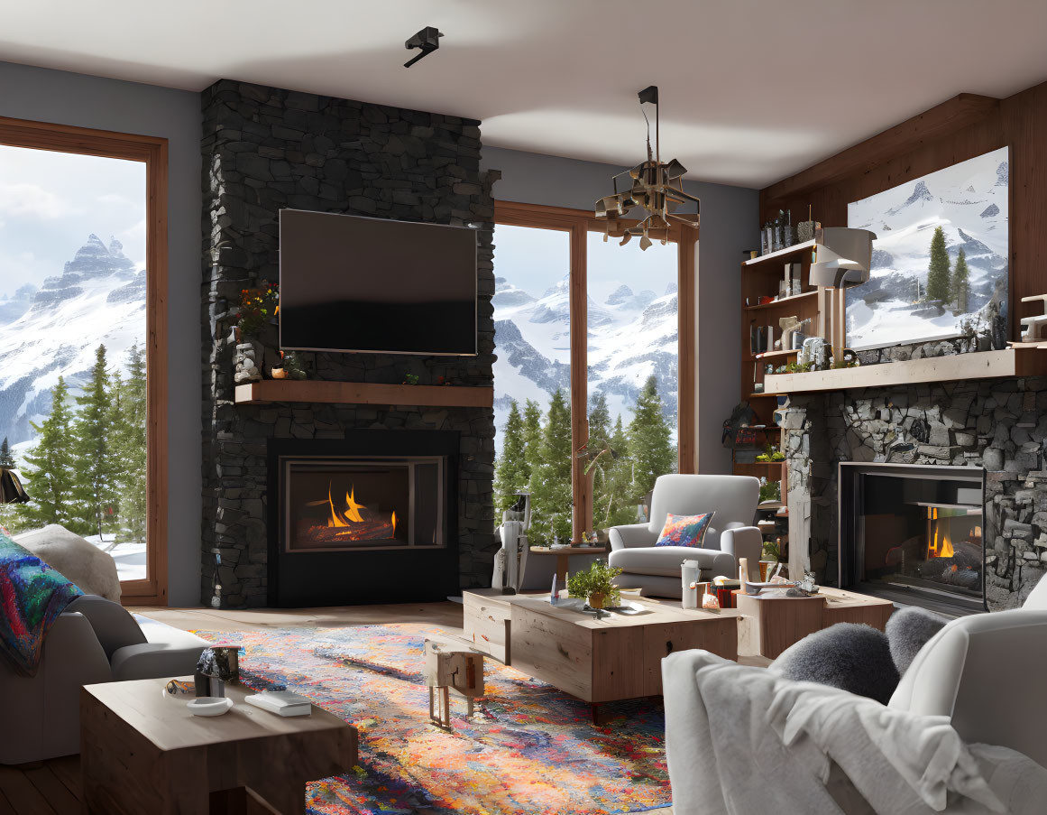 Mountain cabin living room with stone fireplace & snowy peak views