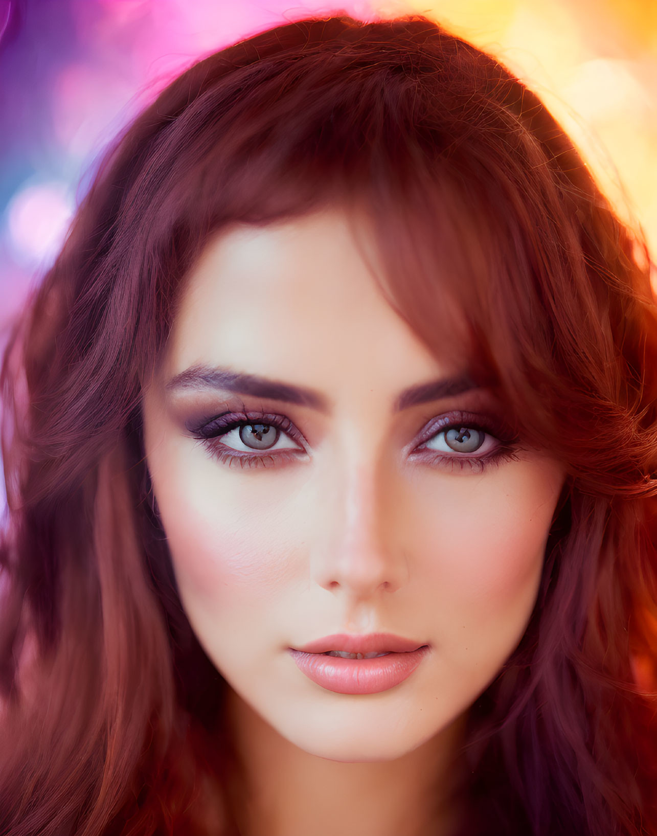 Portrait of Woman with Blue Eyes and Red Hair on Colorful Background