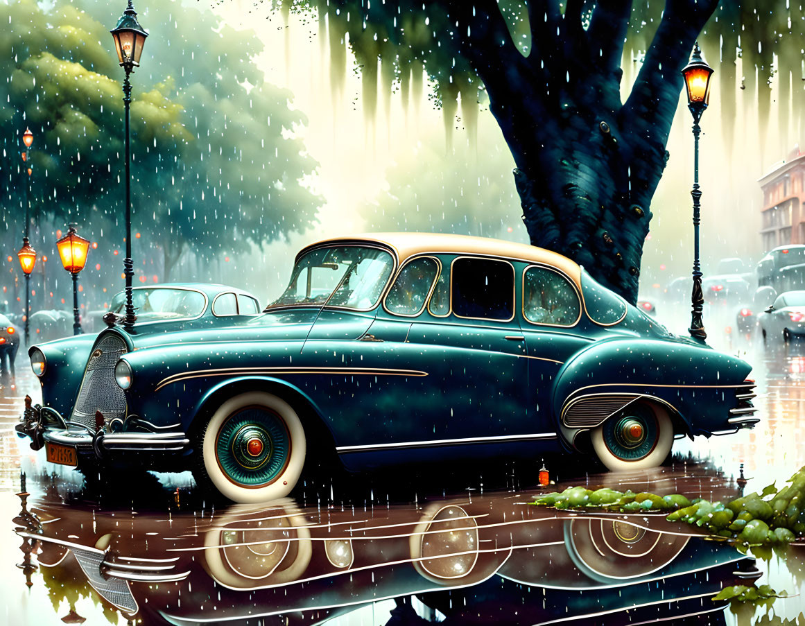 Classic Car Parked in Rainy Street with Lampposts and Trees