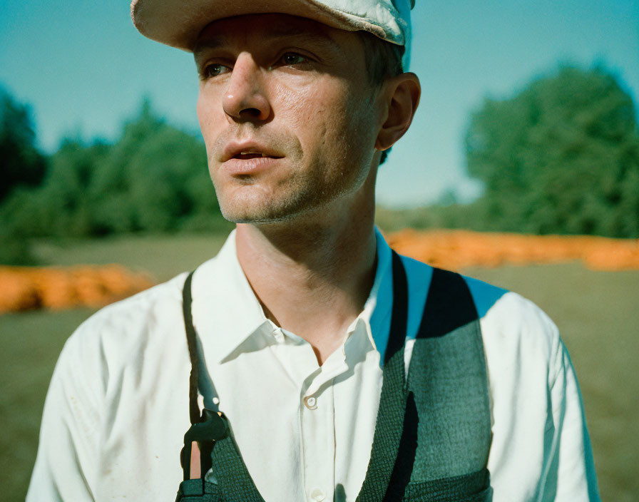 Man in cap and suspenders gazes solemnly outdoors with field background