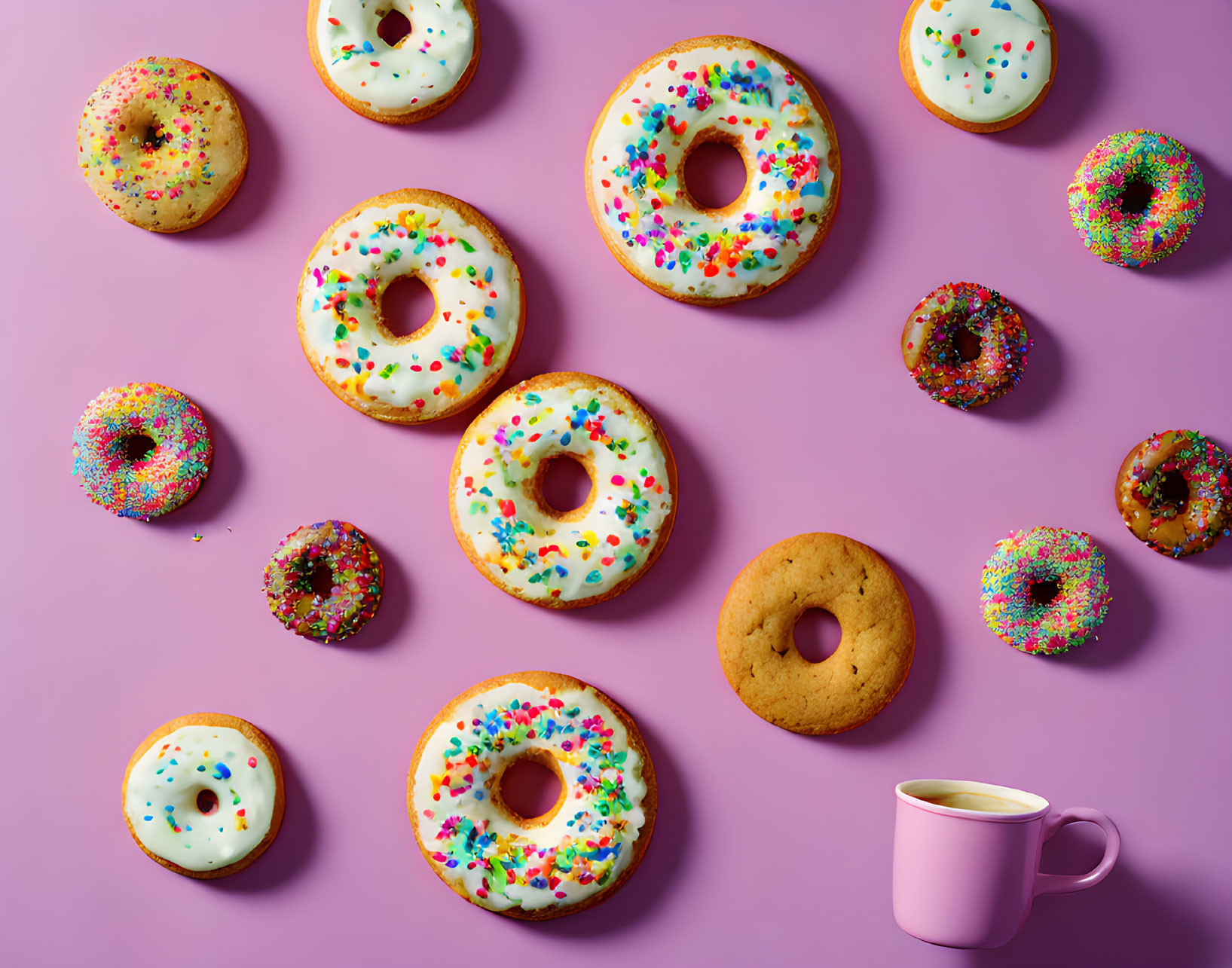 Assorted colorful sprinkled donuts on purple surface with coffee mug