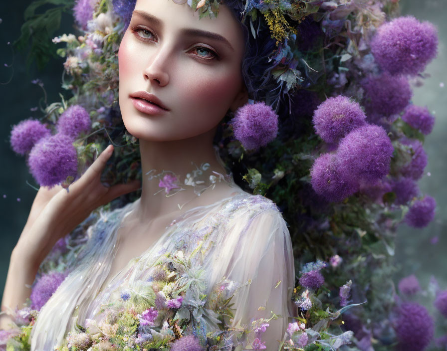 Ethereal woman portrait with translucent skin, purple flowers, and greenery