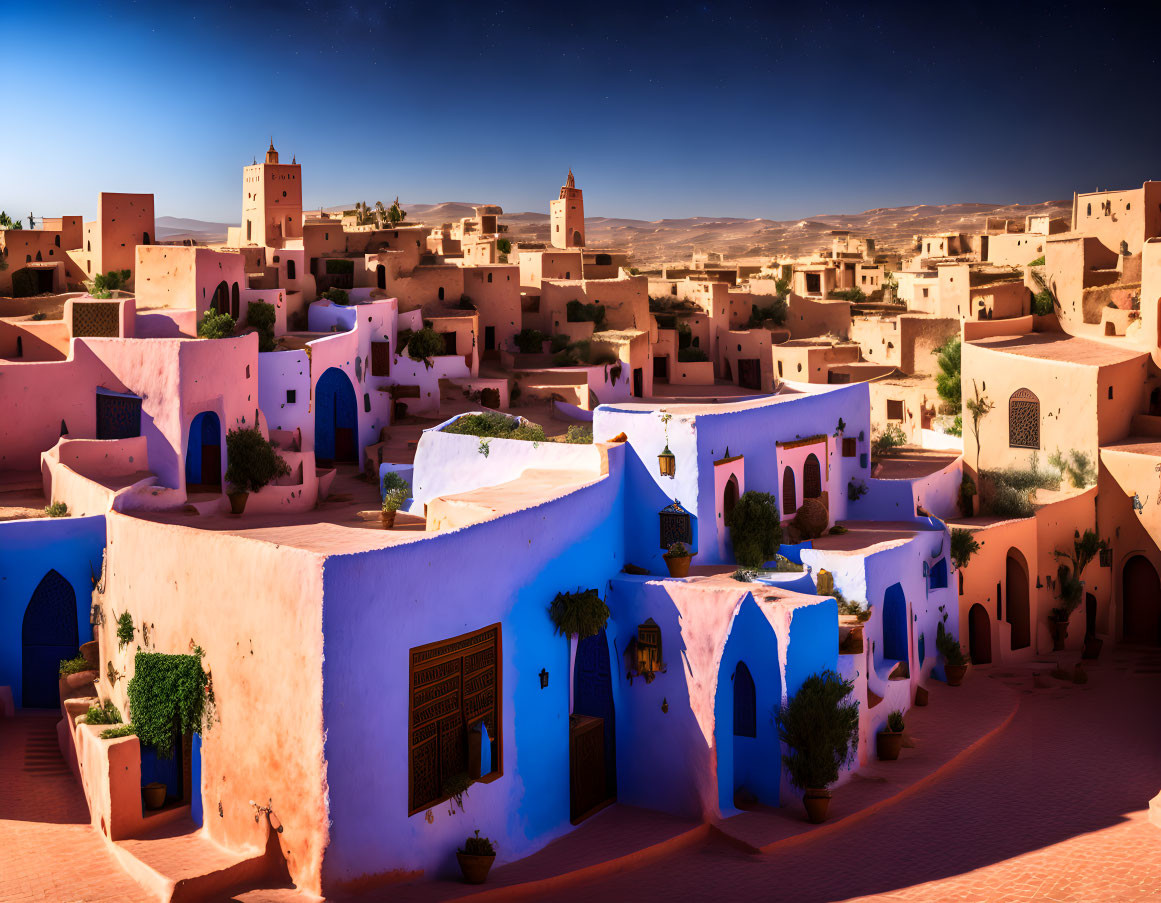 Blue and White Buildings in Desert Village at Night